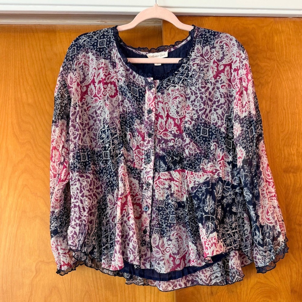 Coldwater Creek Chiffon Shell Button Front Blouse Lined Size XS Boho Patchwork
